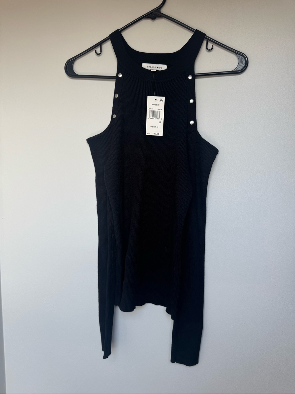 Hooked Up by IOT Black Off-the-Shoulder Ribbed Sweater with Silver Studs